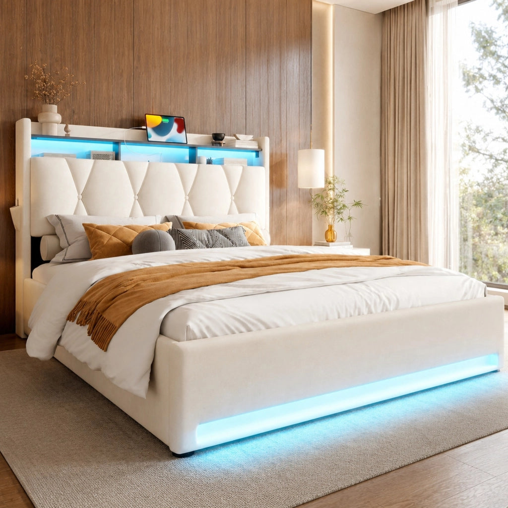 LETTO Contenitore 160x200 cm in velluto beige con LED e porte USB/Type-C