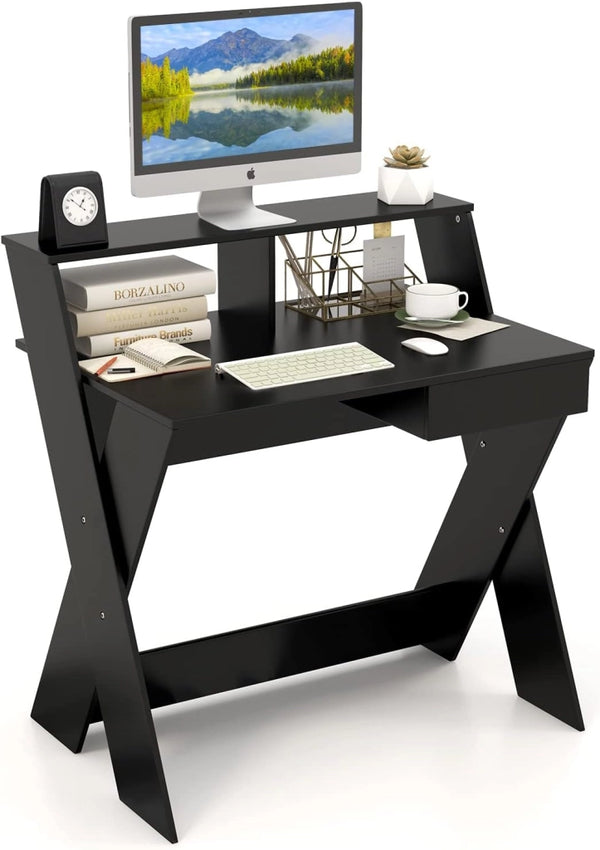 Scrivania per Computer in Legno, Scrivania con Cassetto, Portaoggetti e Supporto per Monitor, Poggiapiedi e Gambe a Forma di X, Ideale per Ufficio e Casa (Black)