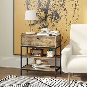 Tavolino da Soggiorno Stile Industriale 60x30x665 cm con Cassetto e Ripiani in Legno e Metallo Nero