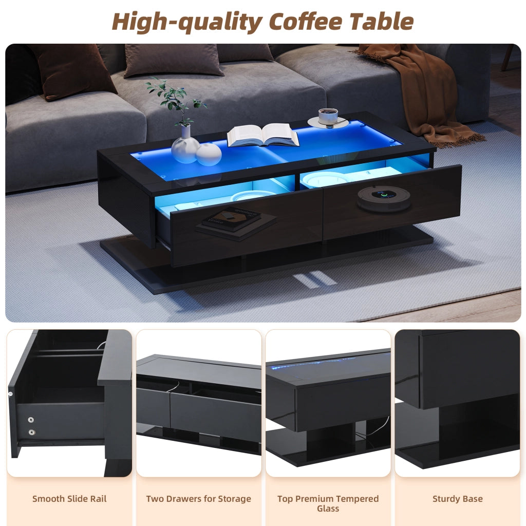 Tavolino basso con 2 cassetti, piano in vetro temperato e LED, finitura lucida, per soggiorno, nero, 100 × 50 × 35 cm