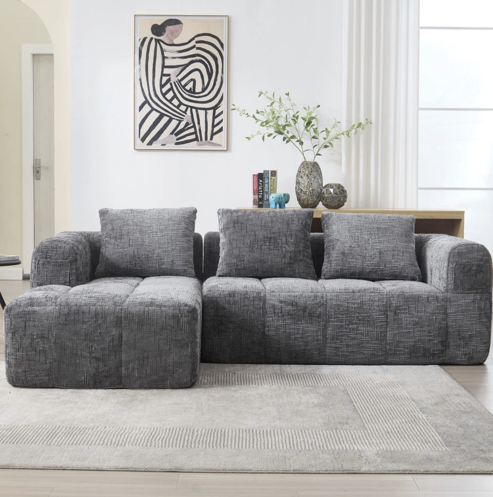 Divano modulare con chaise longue in chenille grigio; 250x158x60 cm; con tasche laterali