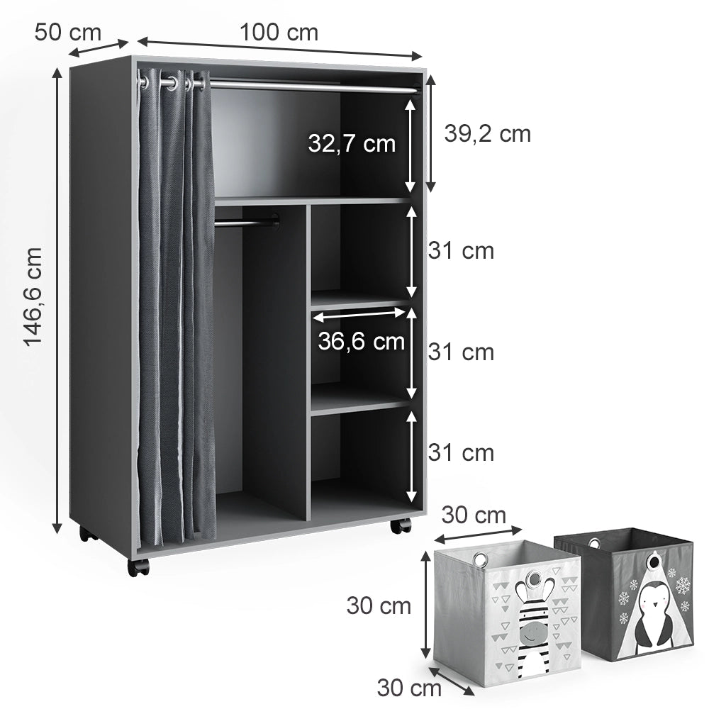 Vicco Armadio multifunzione Grigio 100 x 146.6 cm con box pieghevole