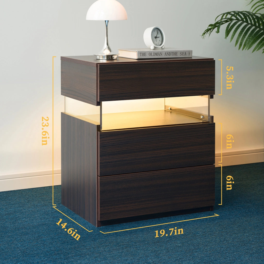 Comodino a 3 cassetti con LED per camera da letto e soggiorno; in legno ingegnerizzato; noce; 60×46×22 cm