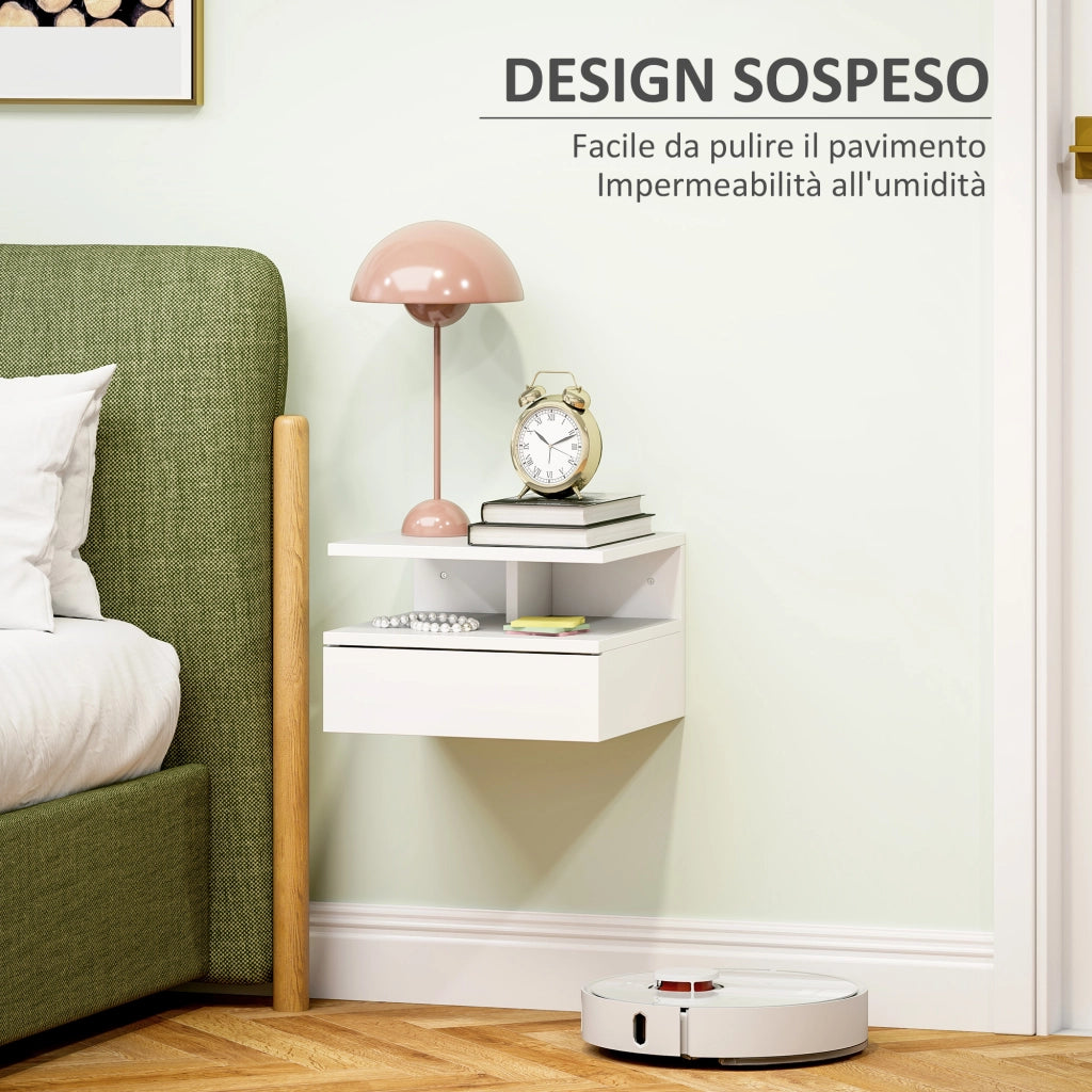 Comodino Sospeso in Legno con Cassetto e Mensola ¨C zephmum ¨C Bianco 35x32x22.5cm