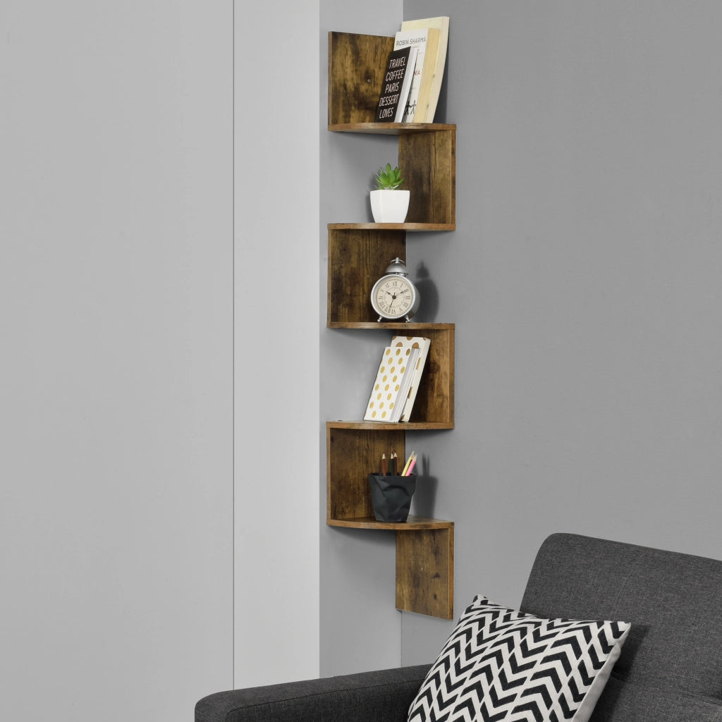 Scaffale Angolare da Parete Lysaker Design Zigzag con 5 Ripiani - Effetto Noce [en.casa]