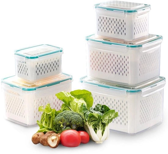 Set di contenitori per alimenti 5 pezzi, frutta, verdura, con coperchio e setaccio (7,2 l + 4,55 l + 3,3 l + 1,85 l + 0,85 l), BPA gratuito, organizzatore del frigorifero, set di contenitori per conserve, insalata, frutta a guscio, conserve