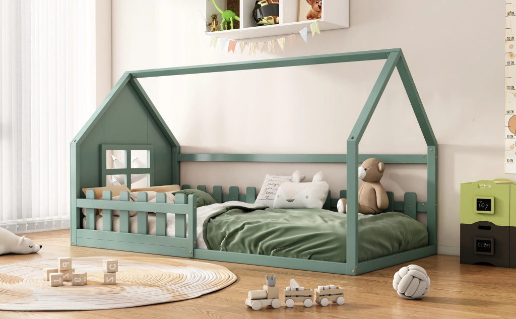 DESMIU Letto a casetta per bambini 1 posto con struttura a casa, 90 × 200 cm, senza materasso, pino e MDF, verde
