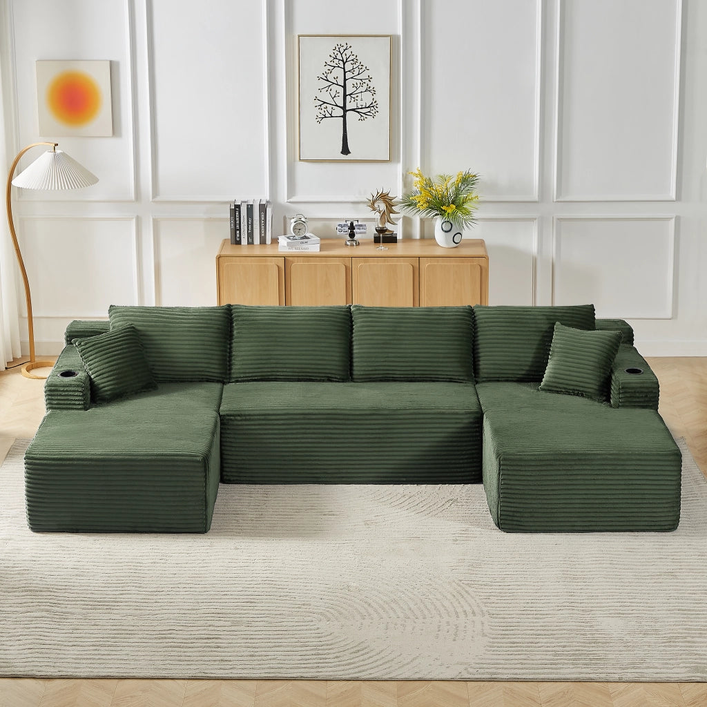 Divano modulare a U in velluto a coste con seduta profonda design ergonomico e senza montaggio per soggiorno verde