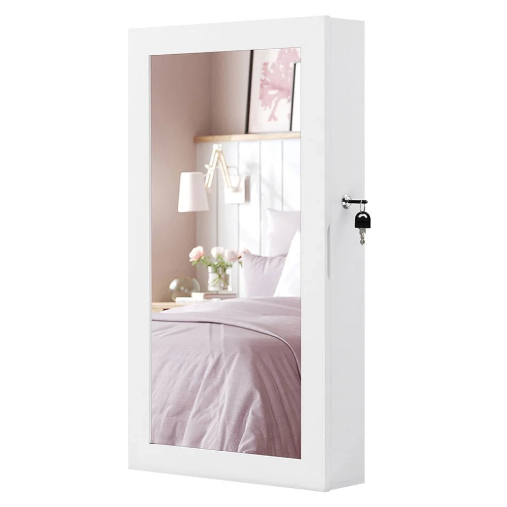 Mobiletto portagioie a parete con specchio a figura intera 10 x 37 x 67 cm con serratura grande capacità bianco 12_0003937
