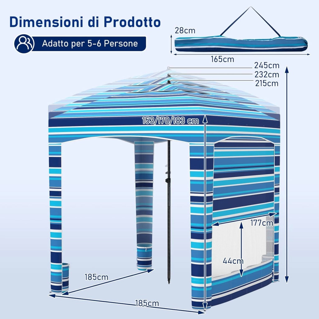 Tenda da Spiaggia Pieghevole, Tenda da Mare con Parete Laterale Rimovibile e Borsa Portatile, Regolabile in Altezza, per Spiaggia, Campeggio e Picnic (Blu Scuro+Bianco, 185 x 185 cm)