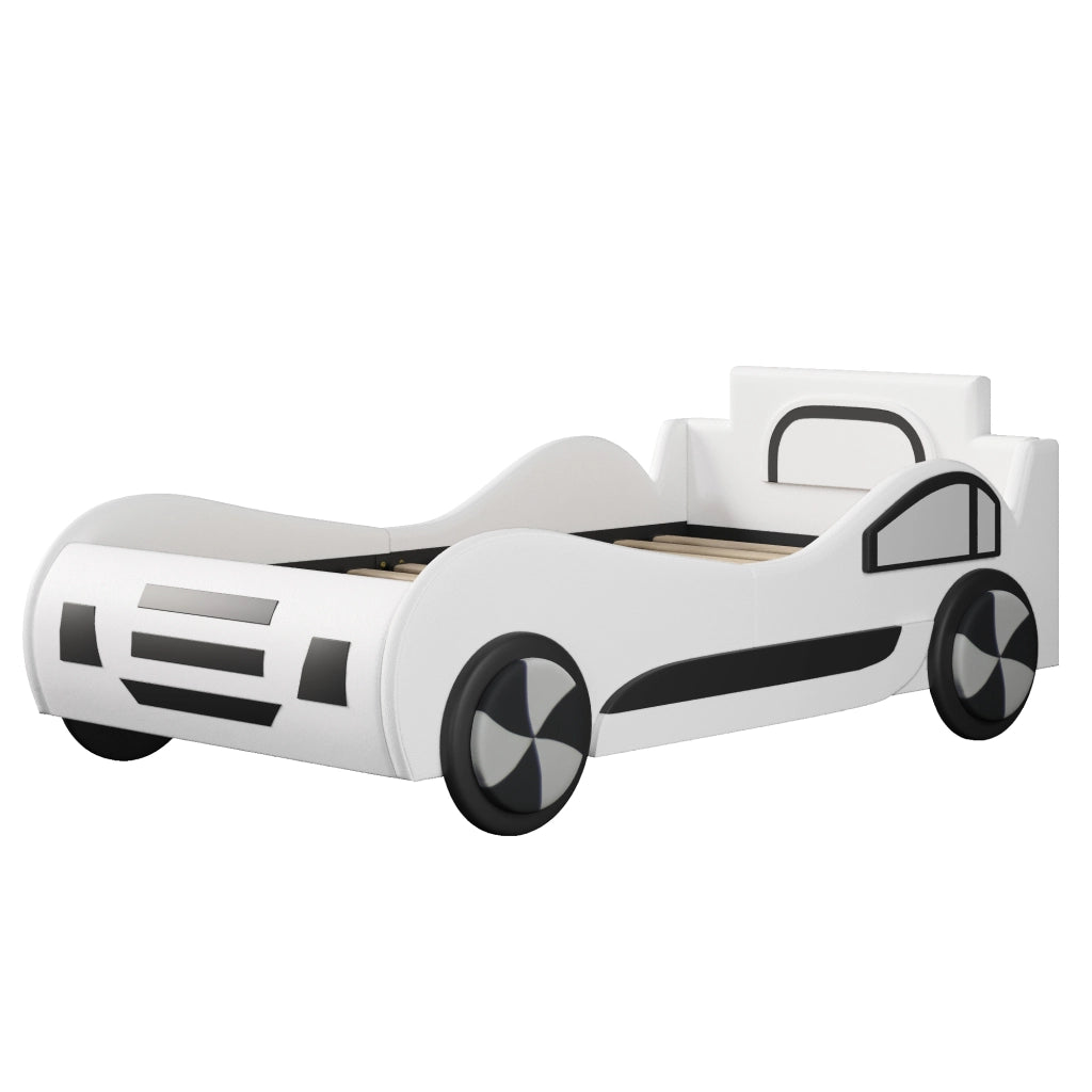 Letto auto per bambini 90 x 200 cm con rete a doghe e contenitore idraulico; MDF e PU; bianco