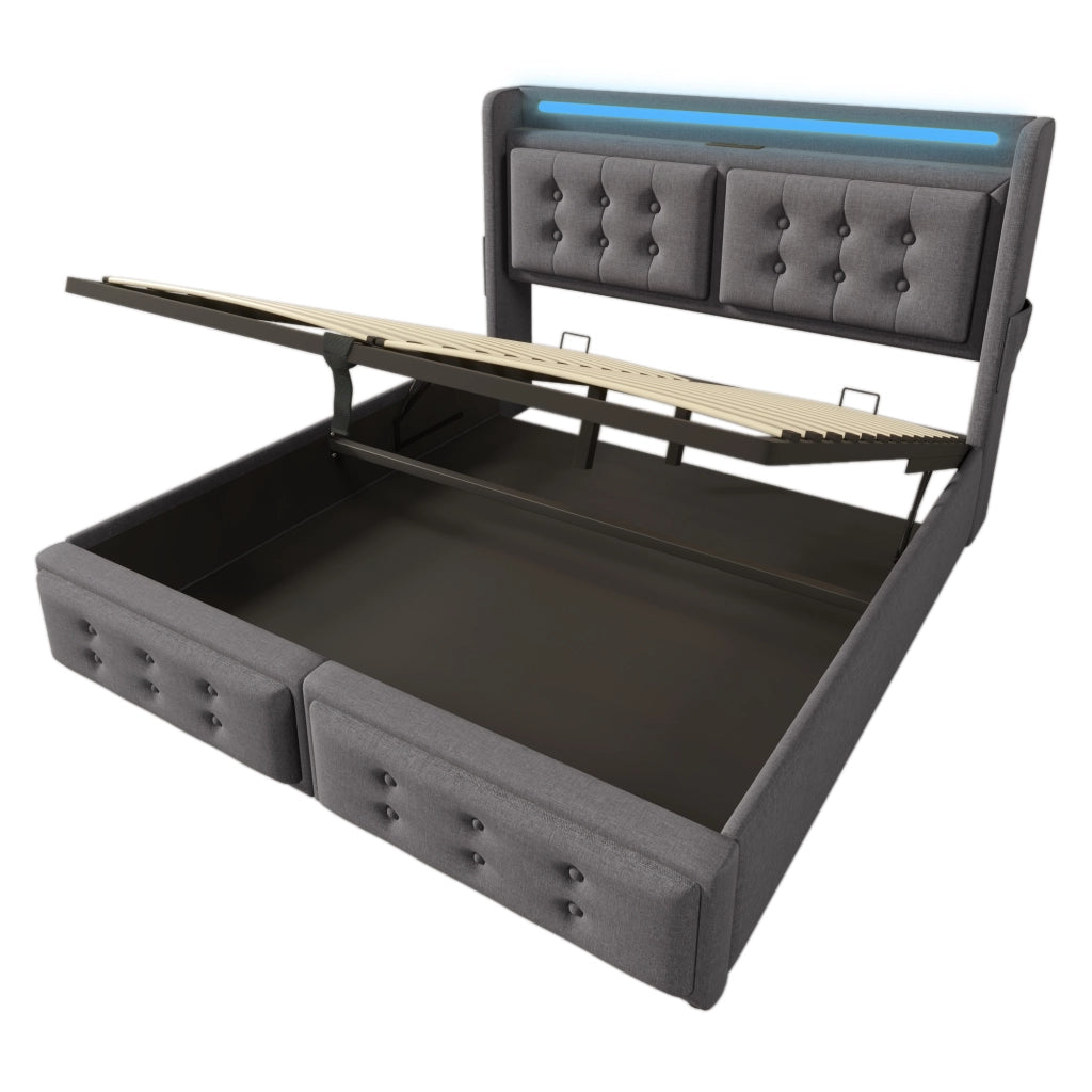 Letto matrimoniale 160x200 in tessuto cotone-lino con LED, prese USB/Tipo C e contenitore, grigio/beige