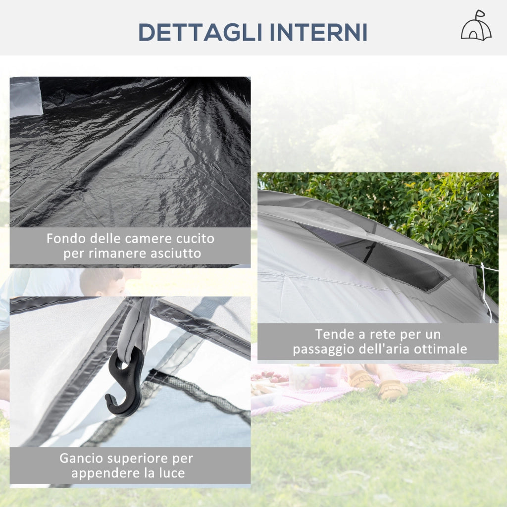 Tenda da Campeggio 5 Posti con 2 Camere Impermeabile con Baldacchino, 590x245x193 cm, Grigio