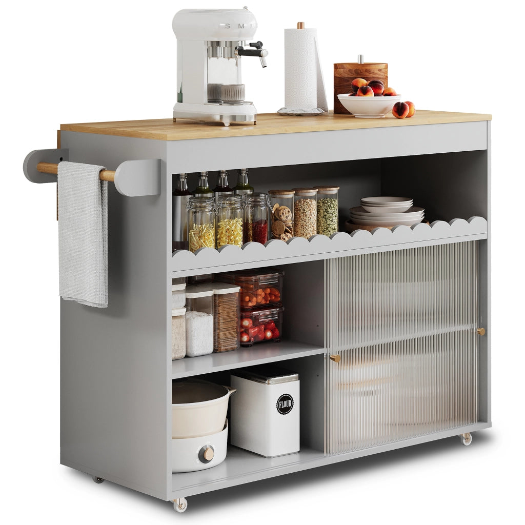 Isola Cucina Mobile 122x46/69x91 cm Grigia con Piano Ribaltabile, Ante in Vetro e 5 Ruote