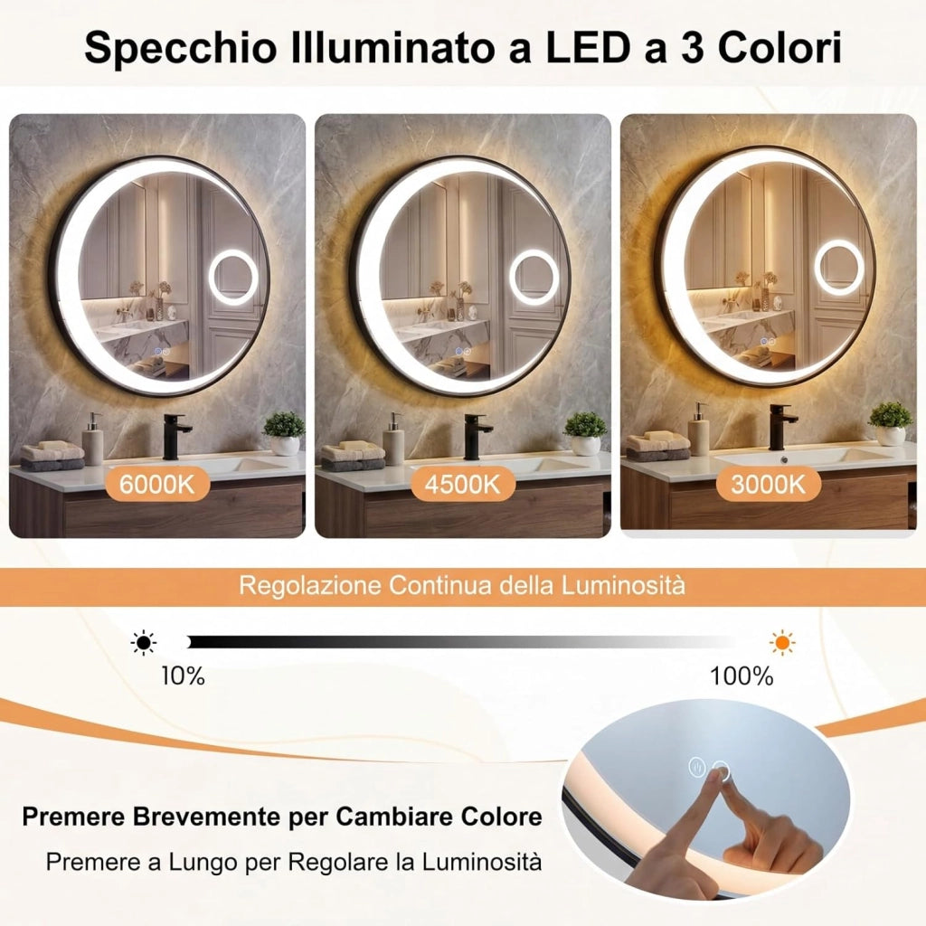 Specchio Bagno con Luce LED da 61 cm, Specchio Rotondo da Parete con Lente d'Ingrandimento 3X, Antiappannamento, 3 Colori Luce, 3000K-6500K, Luminosità Regolabile, IP44