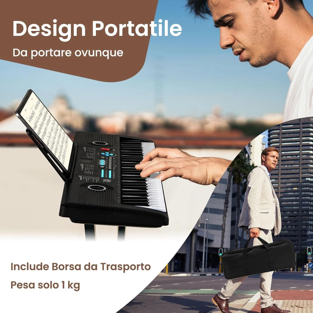 Pianoforte Digitale a 61 Tasti, Pianoforte Elettronica con Supporto, Microfono, Pianoforte Portatile con Adesivi per Tasti e Borsa da Trasporto, per Bambini e Adulti (Nero)