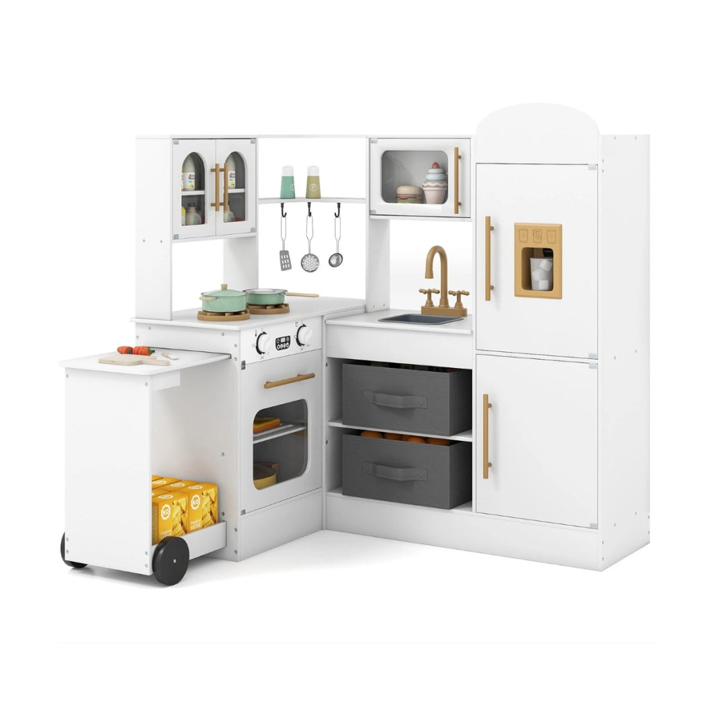 Cucina ad angolo con luci e suoni set da gioco interattivo in legno con lavabo, Cucina ad angolo set giocattolo per bambini 3+ anni Bianco