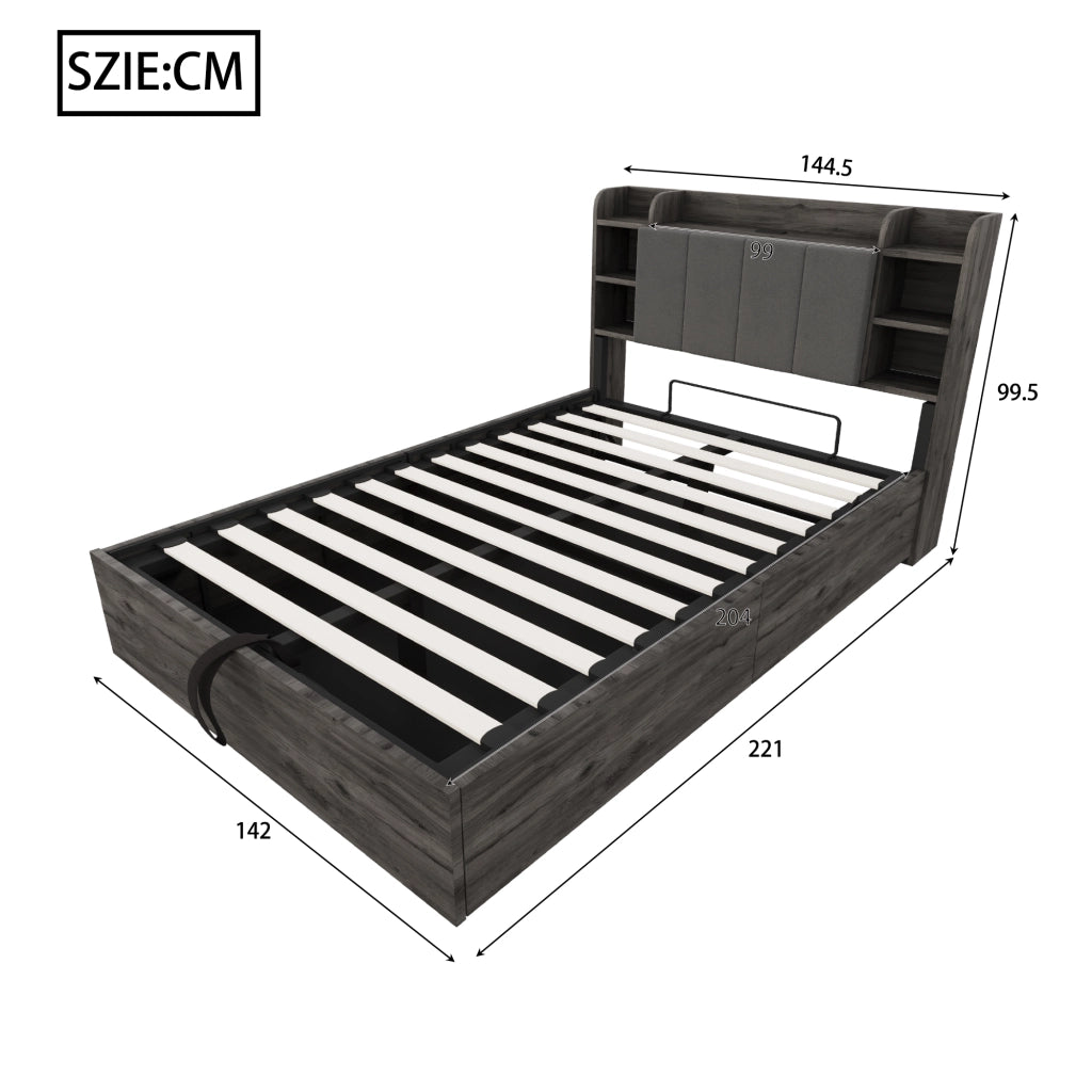 OKWISH Letto contenitore 140×200 cm, Letto Matrimoniale con Contenitore Idraulico, USB, Tipo C e Scomparti, senza Materasso, MDF, Grigio
