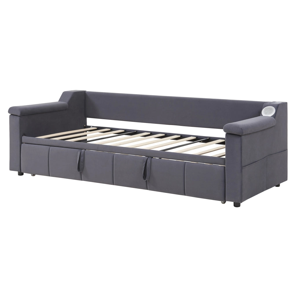 Polsterbett Schlafsofa 90/180x190 cm in Grau mit Bluetooth-Stereo, USB-Ladeanschlüssen und Ablagefächern