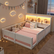 Letto per bambini 140x200 cm con sponde; LED e testiera con contenitore; bianco