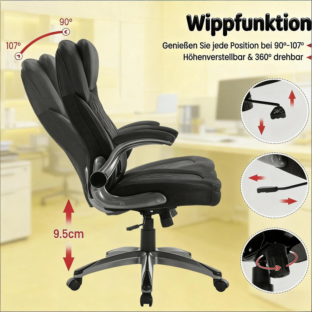Sedia da ufficio Sedia direzionale con altezza regolabile 9,5 cm e braccioli pieghevoli in PU, rete, metallo e nylon, Nero