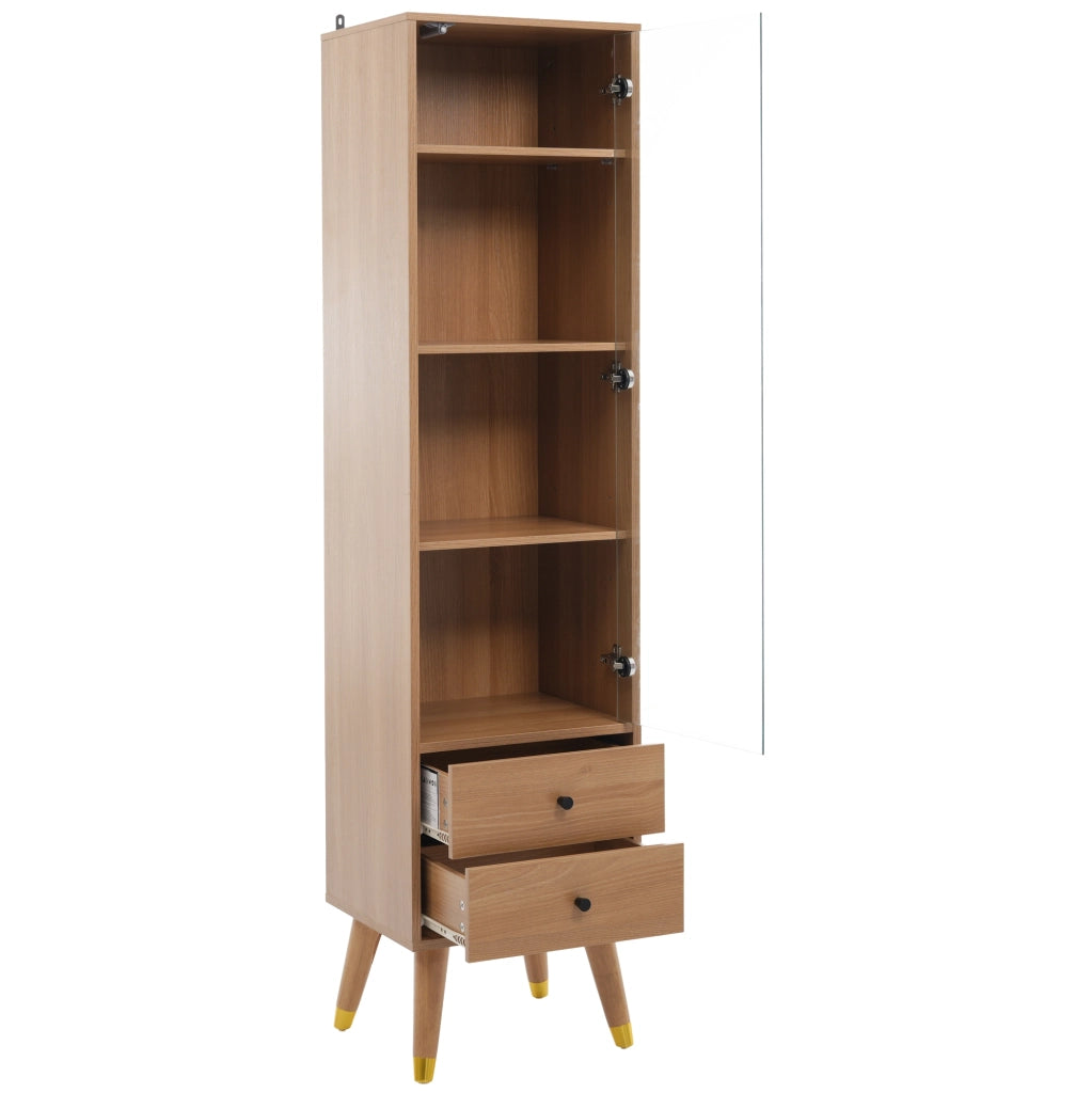 Vetrina con porta in vetro, 3 ripiani regolabili, 2 cassetti e push-to-open per soggiorno, in MDF effetto legno