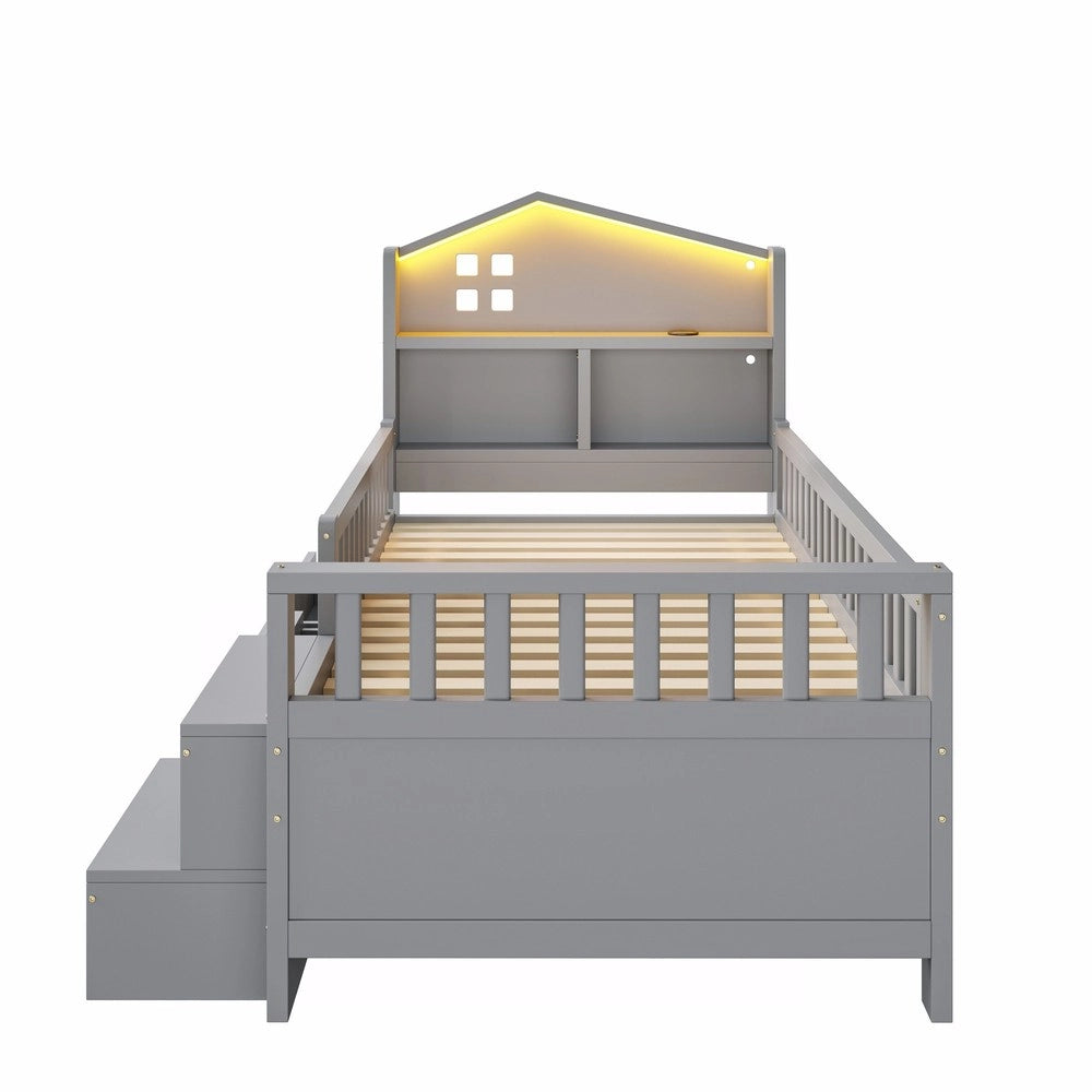 Letto Singolo con LED, USB, Cassetti e Rete a Doghe ¨C MINIMAL ¨C Massello Grigio 90x200