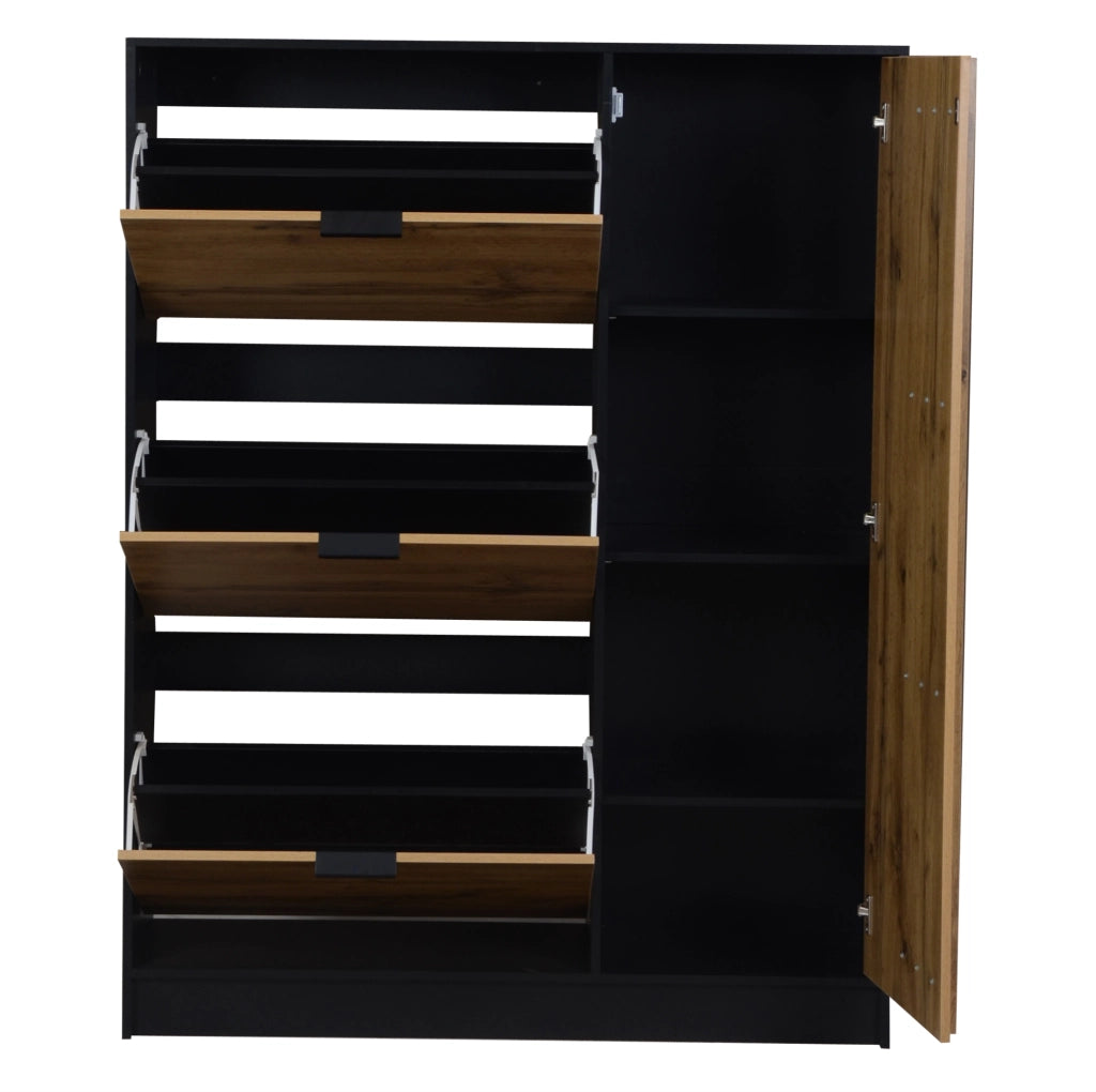 Scarpiera salvaspazio 100x30x130 cm in MDF; 3 ante ribaltabili e 1 vano chiuso; naturale e nero