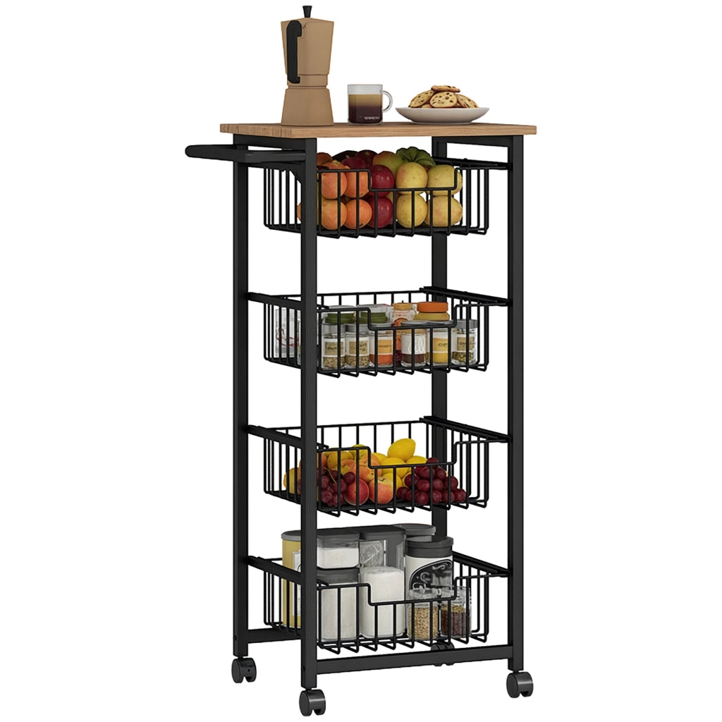 Carrello da Cucina con Cestini Estraibili ¨C Minimal ¨C Acciaio e Legno, Rovere, 49.5x31x91 cm