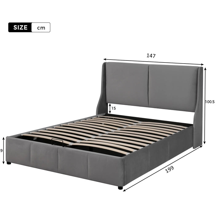 Letto imbottito con contenitore idraulico 140 x 190 cm in velluto grigio