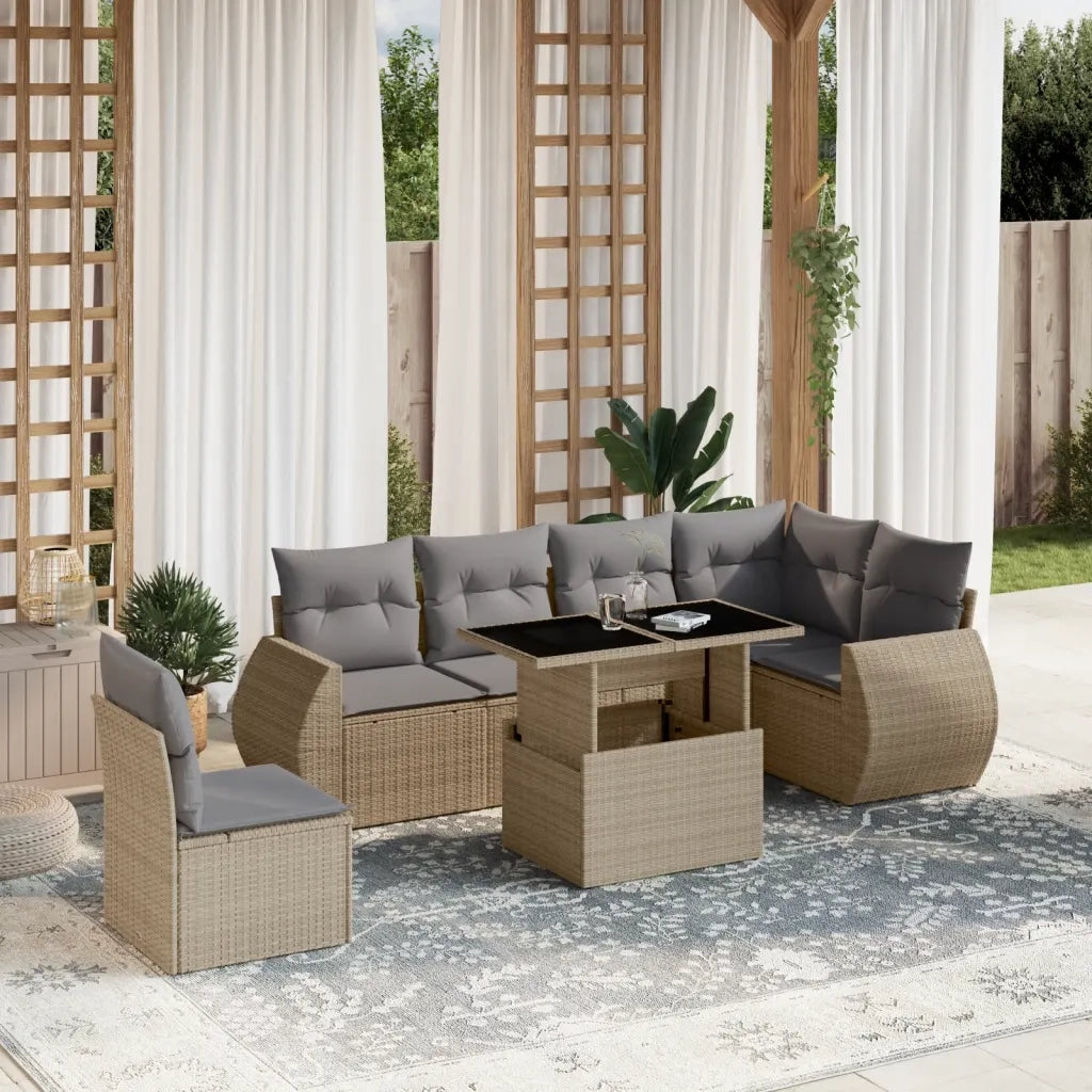 Set Divani da Giardino 7 pz con Cuscini Beige in Polyrattan