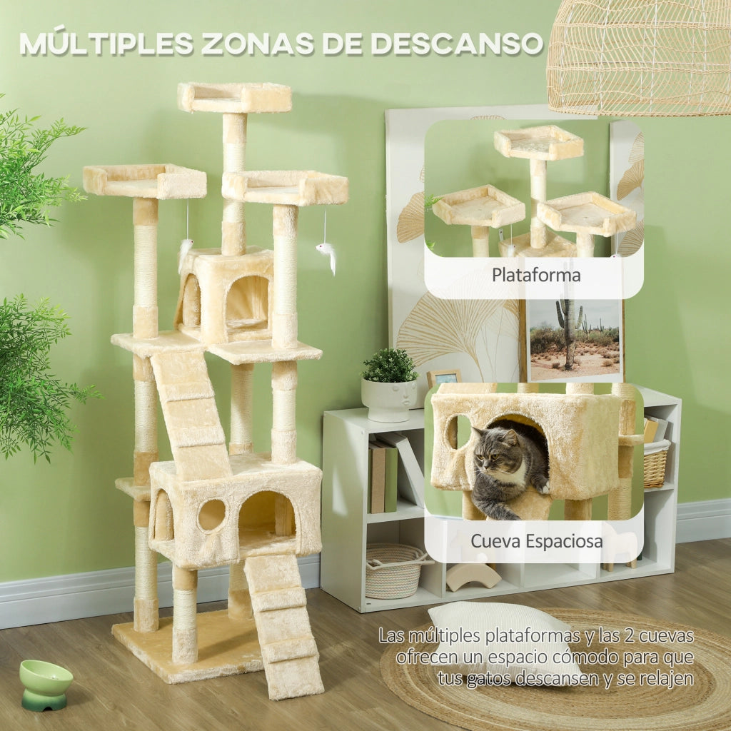 Albero tiragraffi per gatti con 2 tane e 3 lettini ¨C zephmum ¨C 173 cm beige