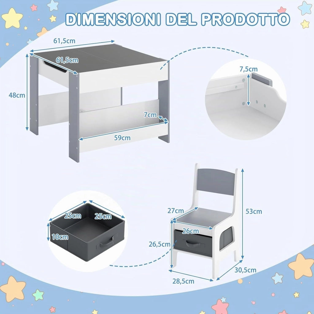 Set Tavolino Bambini con 2 Sedie per Bambini, Tavolo e Sedie 4 in 1 con Piano Doppa Faccia, Librerie Laterali e Scatola in Tessuto, Mobile Salvaspazio per Asilo e Cameretta (Grigio, Stile 2)
