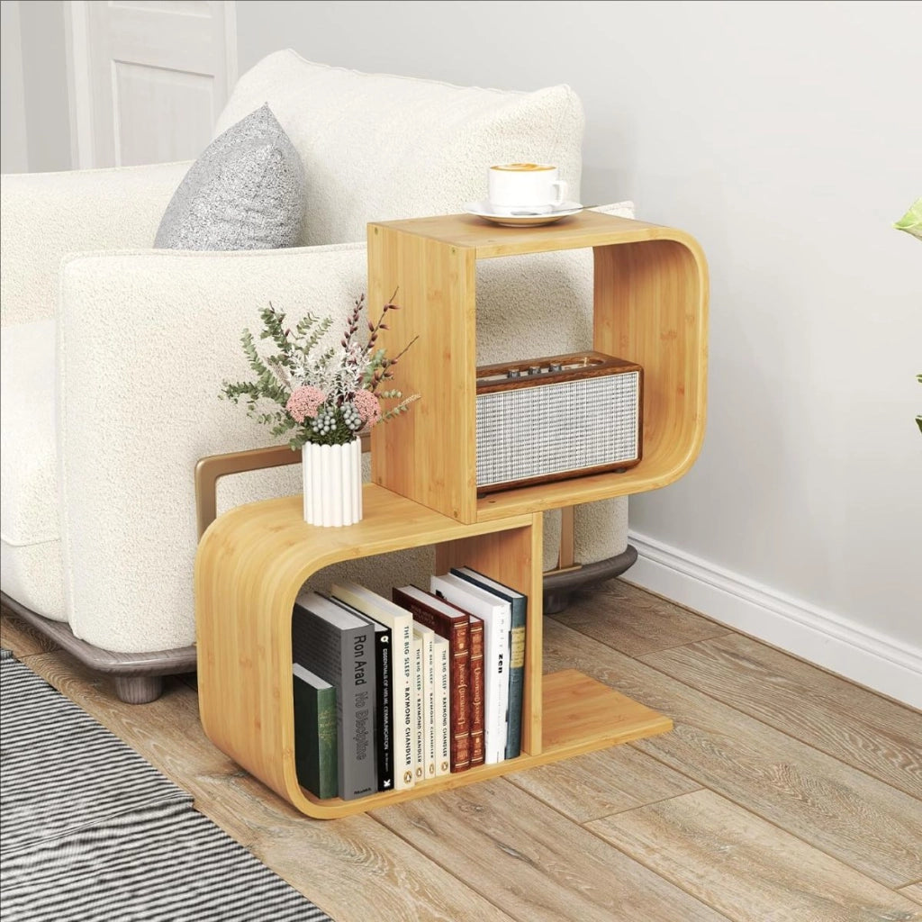 Libreria a 2 livelli a forma di S per esposizione, Mensola in bamb¨´ con 2 cubi aperti Naturale-Scaffali e librerie