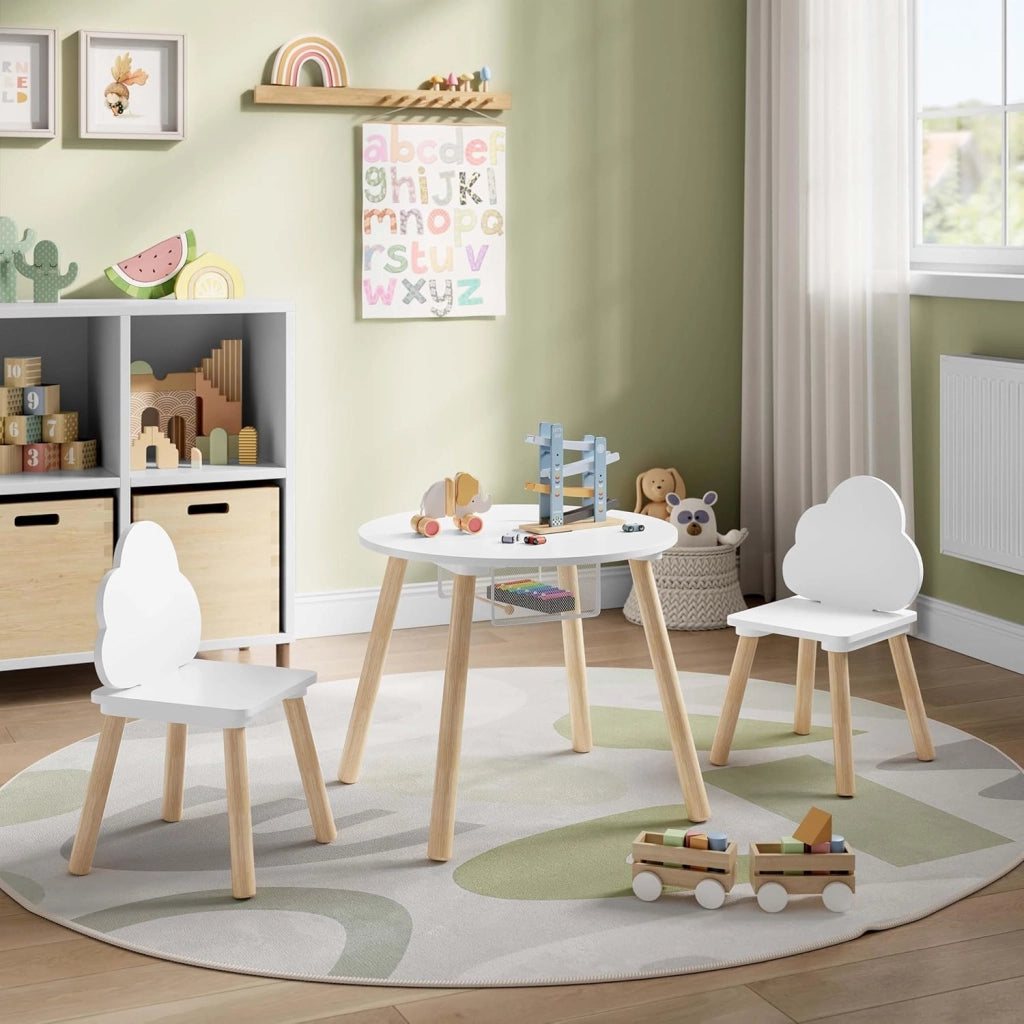 Set di Tavolo e Sedie per Bambini, Rotondo in Legno Con 2 Sedie, Tavolino a 3 Pezzi per Asilo Nido, Bianco