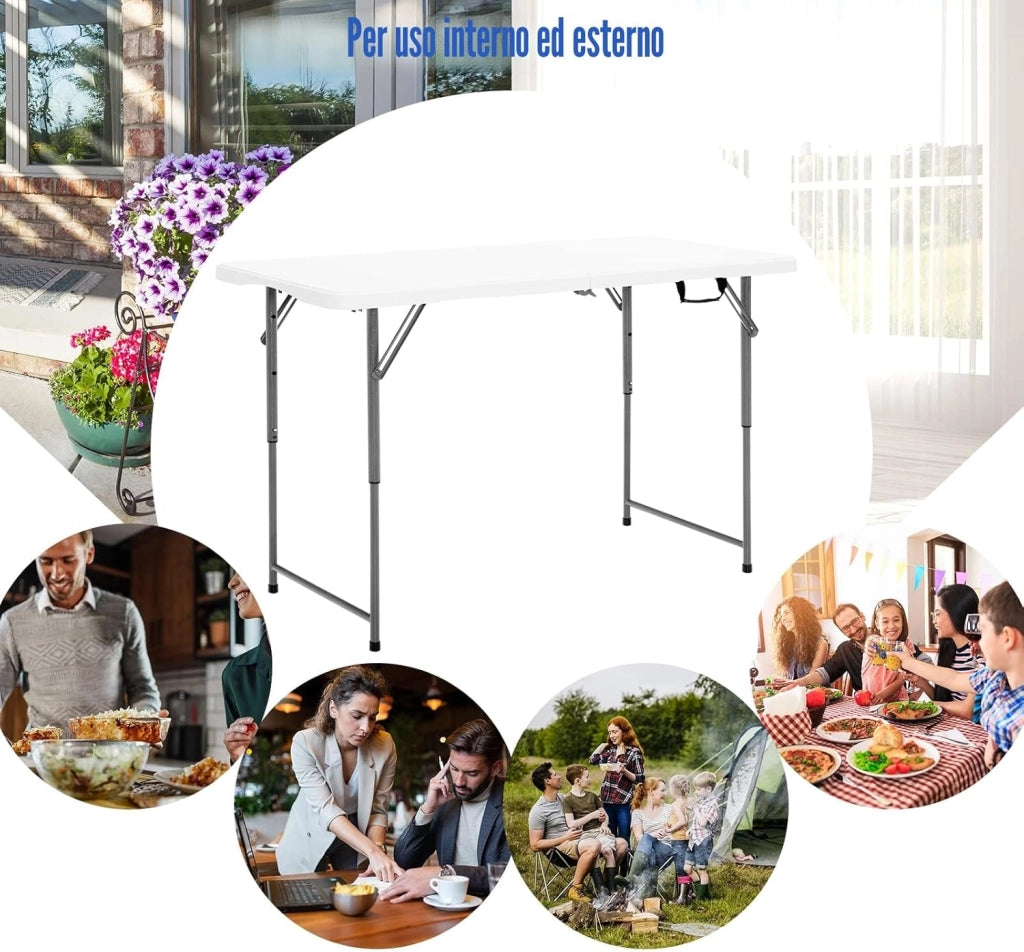 Tavolo Pieghevole Regolabile in Altezza, Tavolo Campeggio Richiudibile e Portatile con Maniglia di Trasporto, Tavolo Picnic Salvaspazio in HDPE, Telaio in Ferro, 120 x 60 x 74,5 cm, Bianco