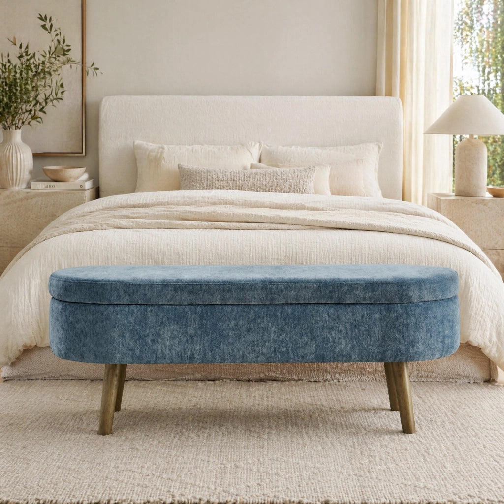 Panca contenitore ovale 110x40x42 cm in chenille blu con 20L di spazio interno