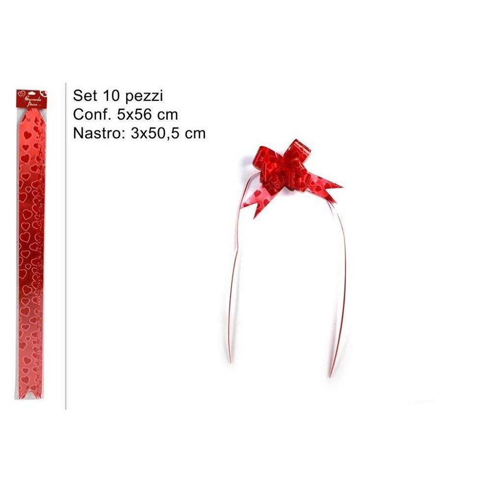 Trade Shop - Set 10 Pezzi Coccarda Fiocco Con Cuori Rossi Nastro Autotiranti 50,5 X 3 Cm -