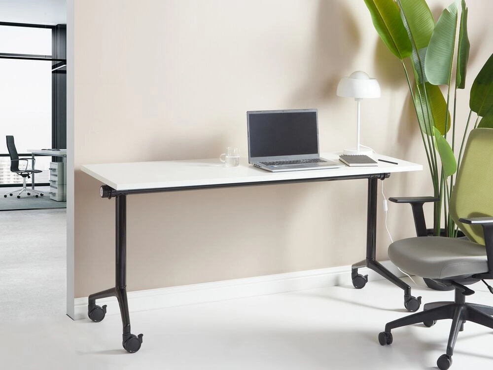 Scrivania rettangolare pieghevole con rotelle portatile con struttura in metallo bianco e nero 160 x 60 cm stile moderno