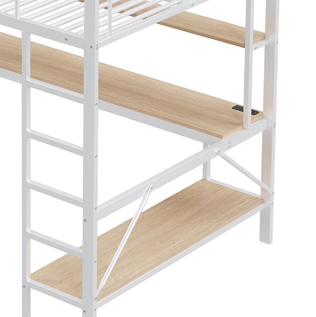Letto a soppalco 140x200 cm con LED; scala e scrivania in metallo e MDF bianco
