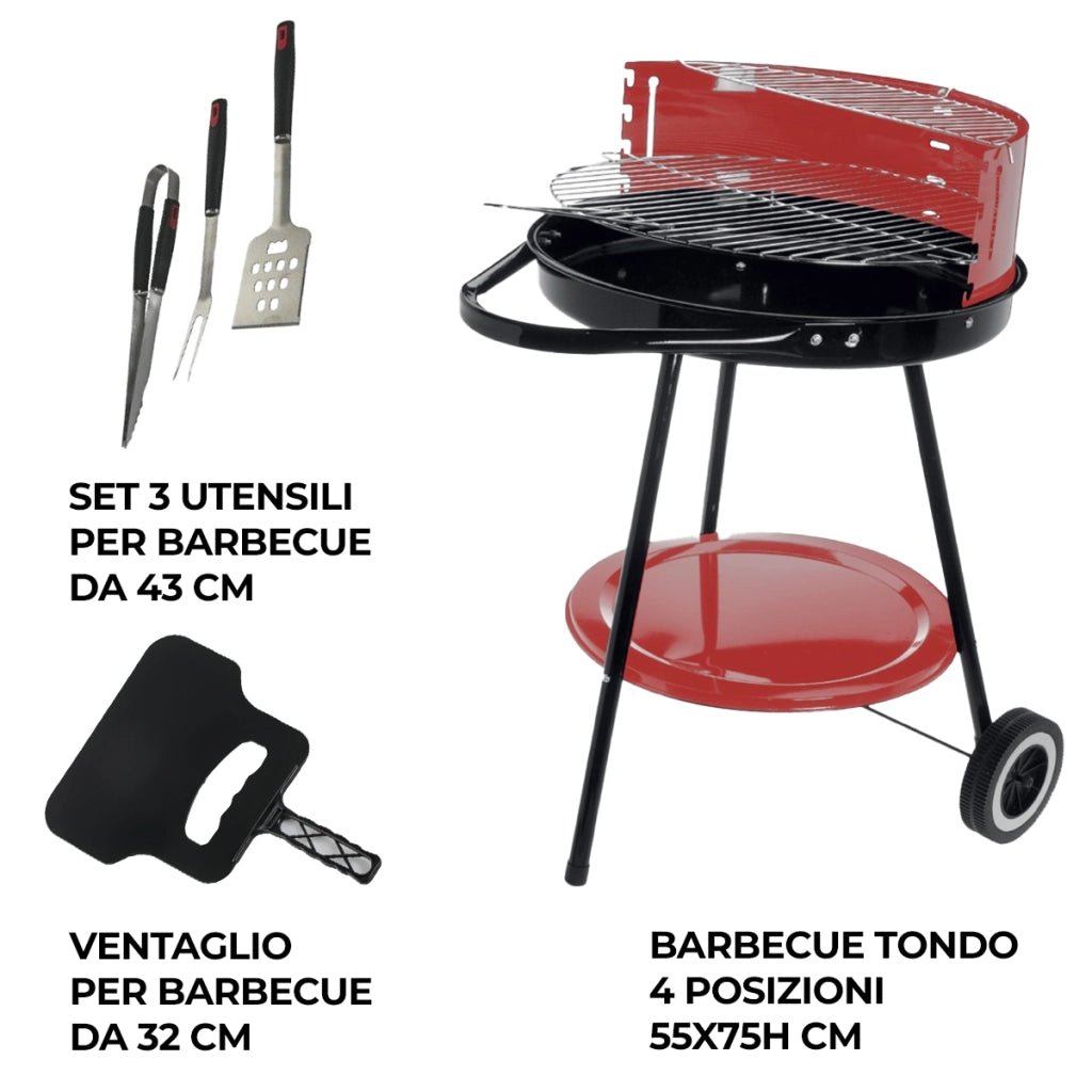 MAURY'S SET BARBECUE TONDO 4 POSIZIONI 55X75H CM + VENTAGLIO ASSORTITO DA 32 CM + GRILL SET 3 UTENSILI 43 CM