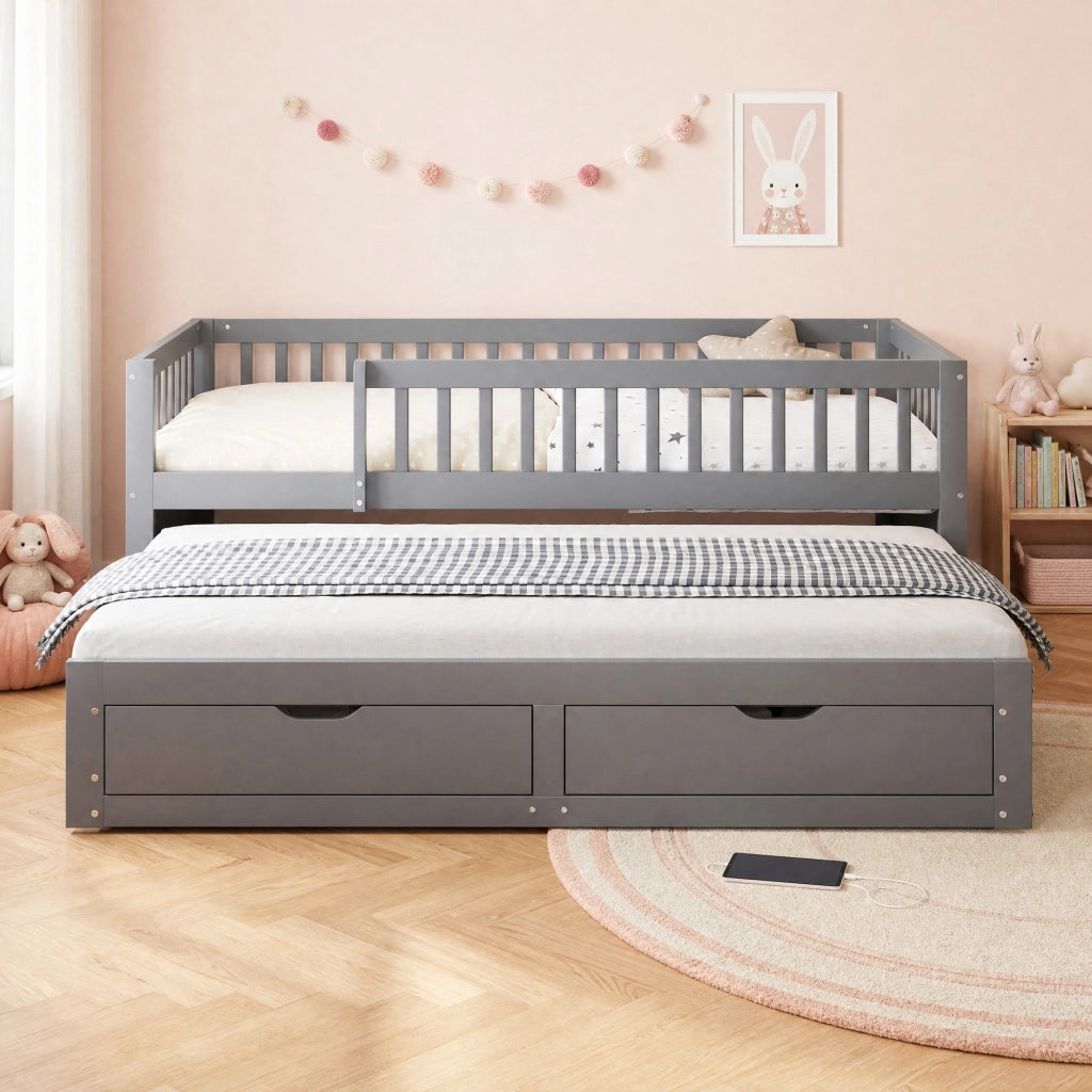 DESMIU Lit divano 90 × 200 cm 1 posto con letto estraibile, 2 cassetti, barriera di sicurezza, senza materasso, grigio