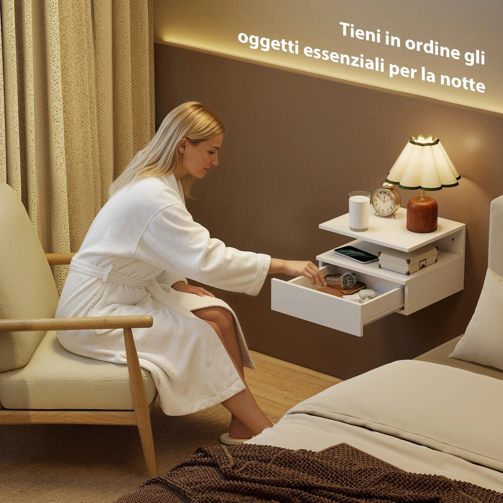 Set di 2 Comodini Sospesi 35x32x22,5 cm con Cassetto e Mensola Aperta in Legno Bianco