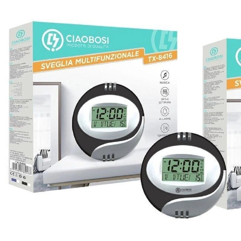 Trade Shop - Orologio Da Parete Tavolo Digitale Display Lcd Sveglia Misura Temperatura Tx-8416 -