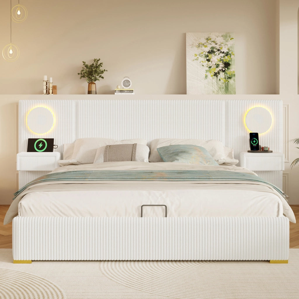 Letto Contenitore 180x200 cm Letto Matrimoniale; USB; LED e contenitore in Velluto Beige