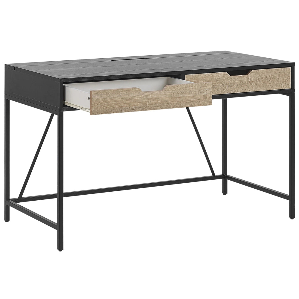 Scrivania da casa Piano in legno Nero Base in metallo 2 cassetti Legno chiaro 120 x 60 cm Design minimalista