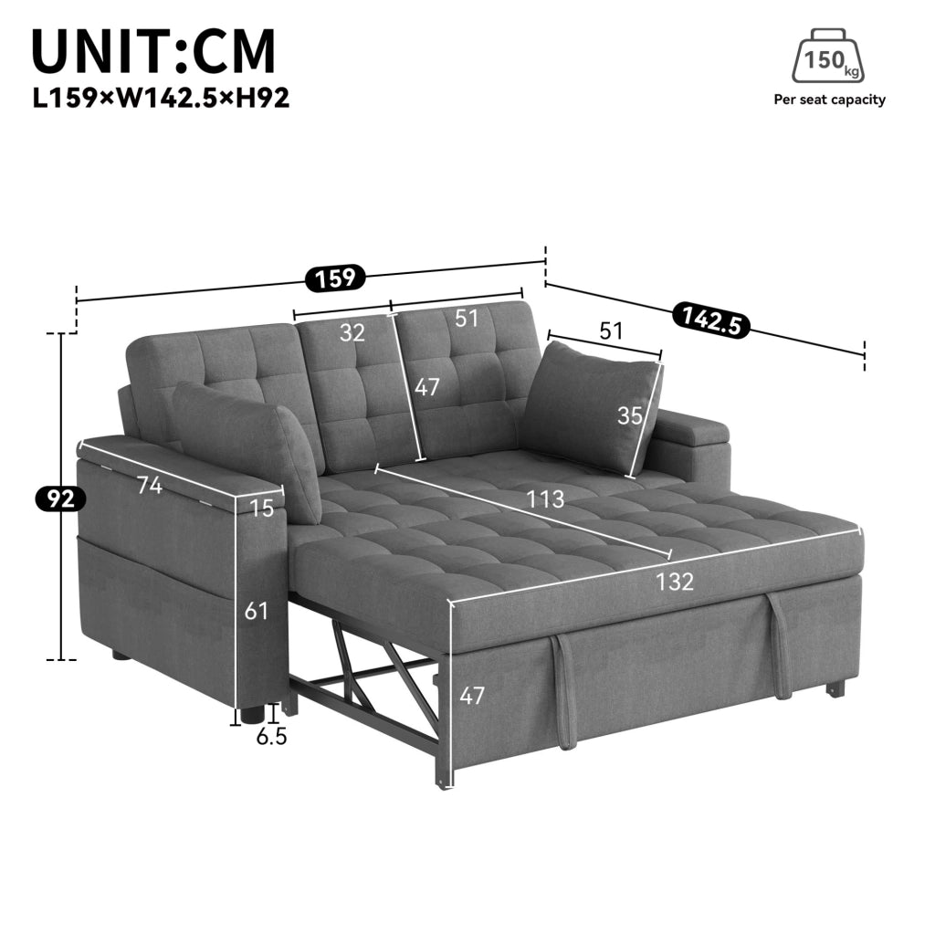 Divano letto a 2 posti con schienale regolabile; contenitori laterali; 2 cuscini; grigio