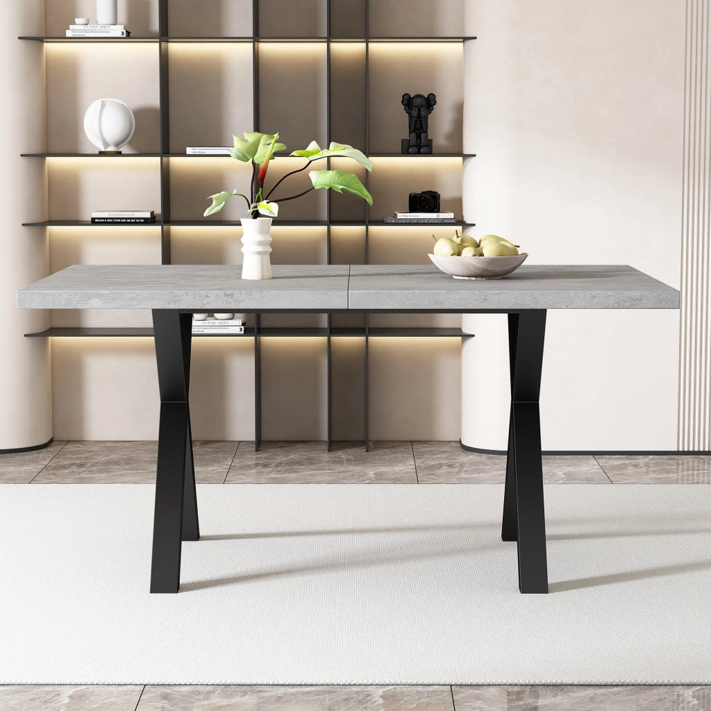 Tavolo da pranzo con gambe incrociate in MDF e metallo effetto cemento, per soggiorno e sala da pranzo, grigio nero