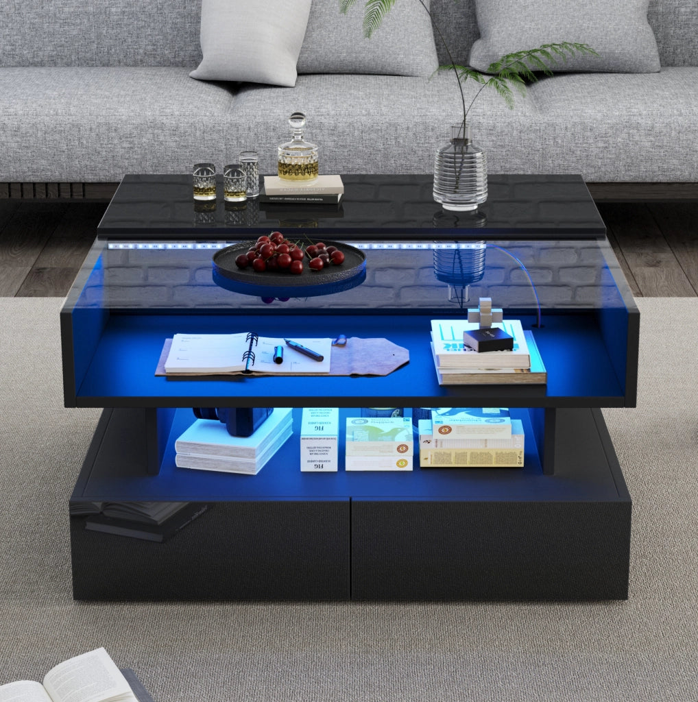 Tavolino da caffè 80x80 cm alzabile con LED, vetro e 2 cassetti