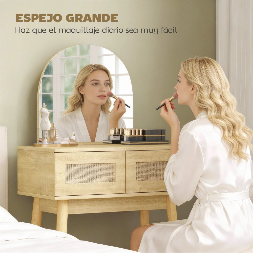 Tocador con Specchio Arcuato e 2 Cassetti ¨C zephmum ¨C Legno Naturale con Frontale in Rattan